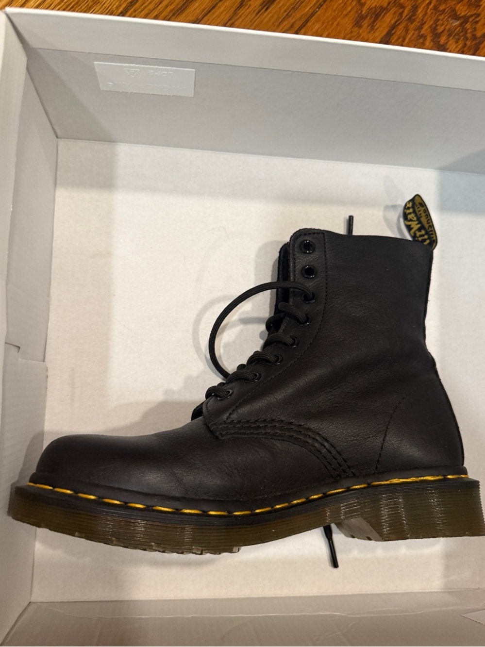 *Never worn* Dr. Martens Black Leather Boot with Yellow Stitching